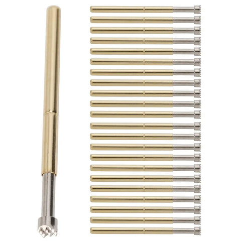 Top view of Brass Spring Test Probes 2.0mm 100 Pack With High Precision 0.02mm, aligned in two rows, showing tip detail.