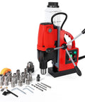 Heavy Duty Magnetic Drill Press With 1100W Motor And Dual Track System For Effortless Metalworking alongside eleven essential drill bits.