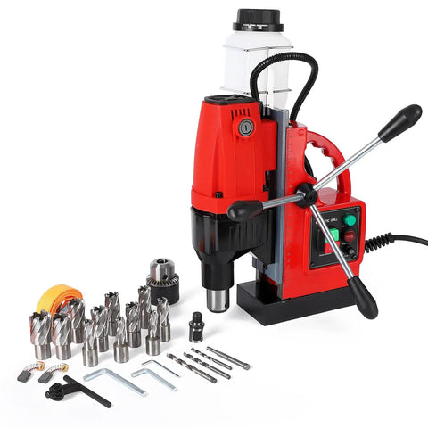 Heavy Duty Magnetic Drill Press With 1100W Motor And Dual Track System For Effortless Metalworking alongside eleven essential drill bits.