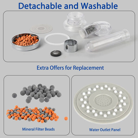 Silver High Pressure Shower Head With Filters, Purifying Handheld Detachable Showerhead parts and mineral filter beads