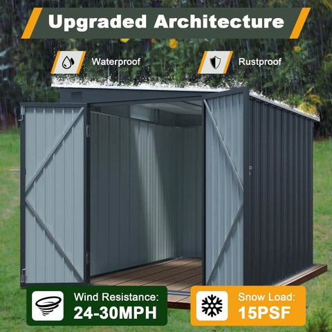 Six By Eight Ft Lean To Shed With Skylight And Double Doors, Metal Outdoor Storage Shed For Tools And Lawn Gear shown open
