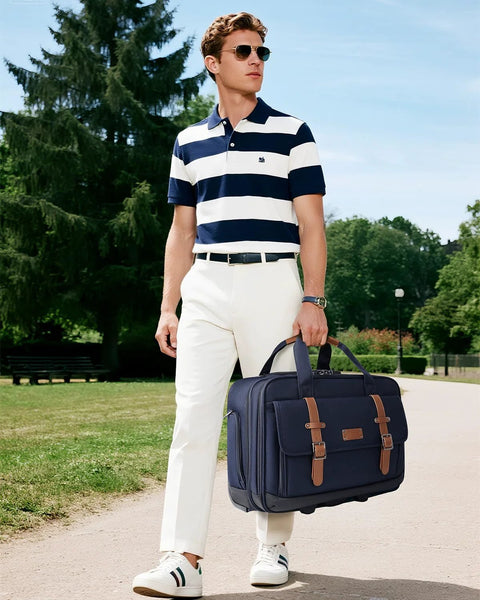 Man carrying Rolling Laptop Bag For Men And Women 16 Inch Waterproof Wheeled Briefcase With Locking Main And Computer Compartments