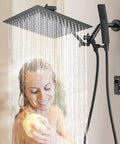 All Metal Dual Shower Head Combo With 12 Inch Rainfall Shower Head And Handheld, Matte Black Finish, in use, water flowing