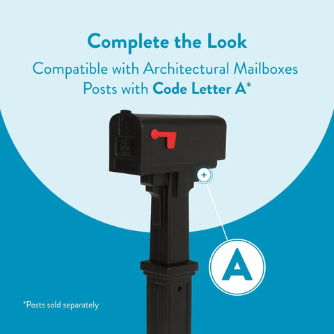 Rust-Proof Plastic Post Mounted Mailbox For Outdoor Use In Black, Medium Curbside Style, USPS Approved, compatible post shown