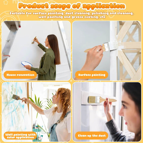Four applications of 30 Piece 12mm Flat Stain Brush Set With Thick Wood Handles for DIY painting on walls, trim, and cleaning.