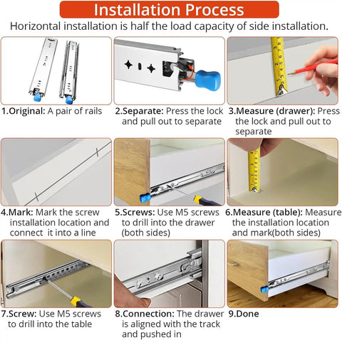 Installation steps for Beefy Heavy Duty Drawer Slides With Lock 32 Inch Full Extension 3 Fold Side Mount Rails 250 Lb Load Capacity.