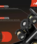 Right Passenger Center Sliding Door Roller Bracket Compatible With Chevrolet Express 1500 2500 3500 4500 G30 And GMC Savana 1500 2500 3500 4500 G3500 Designed For Smooth Operation Durable Steel Construction Corrosion Resistant Precise Fit Easy Install close-up view showing rollers and hydraulic riveting.