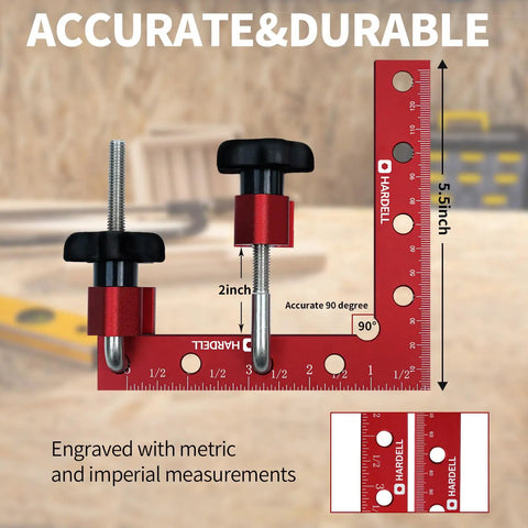 90 Degree Positioning Square Right Angle Clamps For Woodworking, 5.5 x 5.5 Inches Aluminum Alloy Corner Clamp Tool with measurements shown.