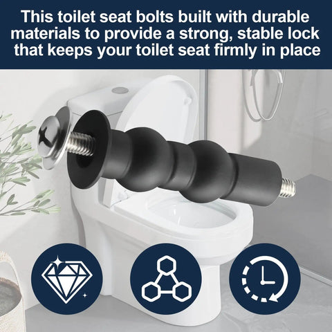 Hella Durable Top Mount Toilet Seat Hardware Kit For Skirted Toilets Packed With Rust Resistant Screws And Bolts showing a black toilet seat bolt.
