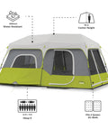 Instant Cabin Tent for 9 People, Large Multi Room Family Pop Up Shelter With 2 Minute Setup, 14 By 9 Foot Floor, 78 Inch Center Height shown
