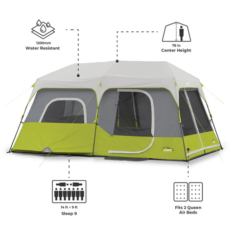 Instant Cabin Tent for 9 People, Large Multi Room Family Pop Up Shelter With 2 Minute Setup, 14 By 9 Foot Floor, 78 Inch Center Height shown