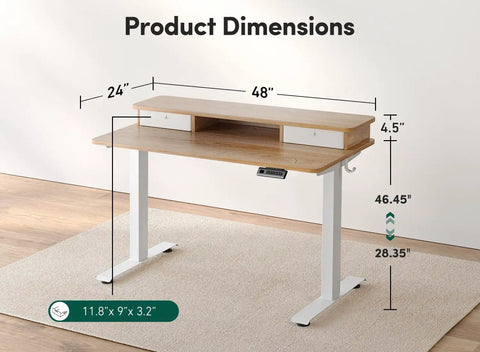 Fezibo 48 By 24 Electric Standing Desk With Double Drawers Maple Finish Height Adjustable Ergonomic dimensions and specifications.