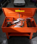 Built Tough Heavy Duty Parts Washer With 40 Gallon Steel Bath And One Gallon Per Minute Electric Pump For Auto Mechanics Engine Gear Carburetor No Fuss Workshop Cleanup Rig with soapy parts.