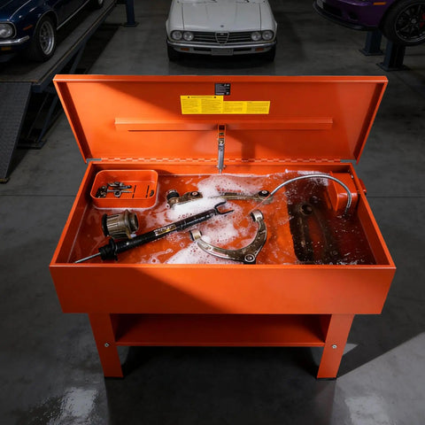 Built Tough Heavy Duty Parts Washer With 40 Gallon Steel Bath And One Gallon Per Minute Electric Pump For Auto Mechanics Engine Gear Carburetor No Fuss Workshop Cleanup Rig with soapy parts.