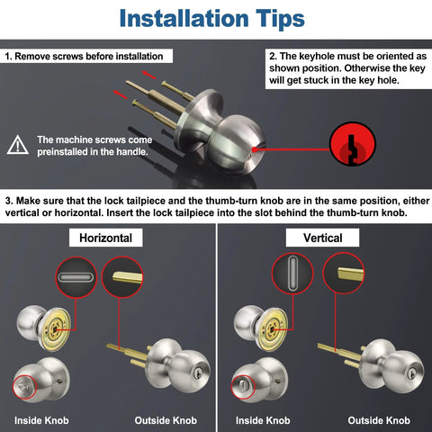 Installation tips for keyed entry door knob with lock satin nickel finish