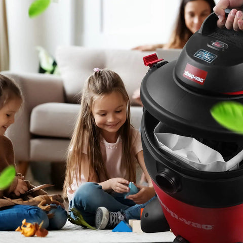 10 To 14 Gallon Disposable Vacuum Filter Bags 6 Pack For Wet Dry Vacs Captures Fine Particles Like Drywall Cement Dust And Cold Ashes Premium Quality Easy To Replace Eco Friendly Dust Collection Bags shown in use with children playing in background.