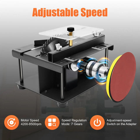 High Torque Mini Table Saw With A Rock Solid Sliding Cutting Bed And Quick Angle Adjustments For Blazing Fast Woodwork Polishing and Ridiculously Smooth Diy Hobby Projects showing adjustable speed controls.