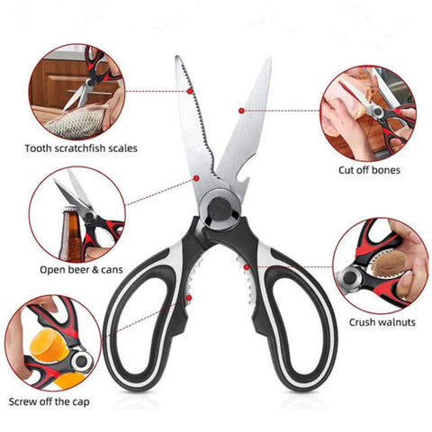 Heavy Duty Kitchen Scissors With Stainless Steel Blades, Sharp Shears For Meat, Fish, Poultry, And Veggies, Ergonomic TPR Grip, Multipurpose Cooking Scissors For Cutting, Slicing, And Deboning showing black and red handles