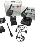8 Watt Dual Band Handheld Radio Kit With Beefed Up Large Battery Upgrade VHF 136 174 MHz UHF 400 520 MHz Hardened Durable Shell V85 High Gain Antenna Full Accessory Pack Programming Cable Included USA Support displayed with accessories
