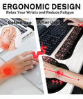 Ergonomic design of Rose Gold Pink 4-In-1 Keyboard And Mouse Pad Set showing wrist support before and after use with desk setup.