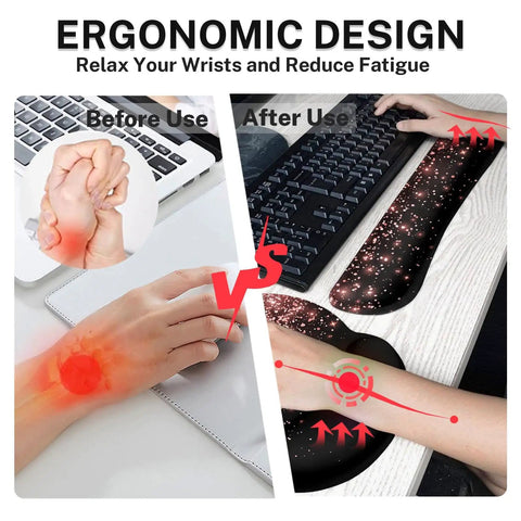 Ergonomic design of Rose Gold Pink 4-In-1 Keyboard And Mouse Pad Set showing wrist support before and after use with desk setup.