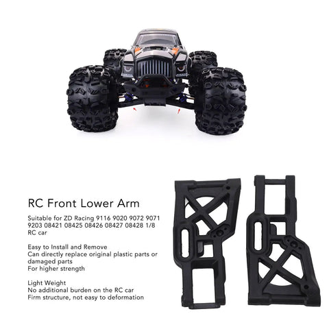 Nylon Front Lower Suspension Arms for 1/8 RC Cars with ZD Racing model in background, lightweight and sturdy for smoother ride.