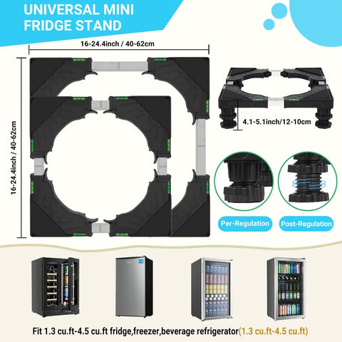 Universal Raised Appliance Stand With Adjustable Base And Four Heavy Duty Feet Multi Functional Pedestal For Refrigerator Washer And Dryer Easy Assembly No Fuss Black Finish, top and side views with dimensions