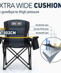 Oversized Folding Camping Chair With 500 Lbs Support featuring extra wide 40-inch cushion, padded layers, built-in cooler pockets, black.