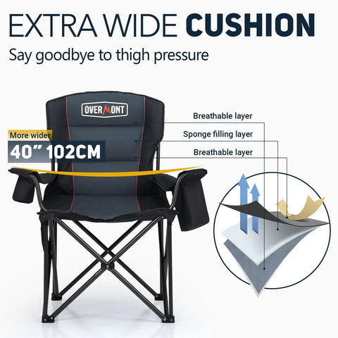 Oversized Folding Camping Chair With 500 Lbs Support featuring extra wide 40-inch cushion, padded layers, built-in cooler pockets, black.
