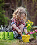 Child gardening with Heavy Duty Garden Tool Bag With 8 Pockets Oxford Gardening Tote Caddy For Tools Not Included Large Capacity 12 By 12 By 6 Inch