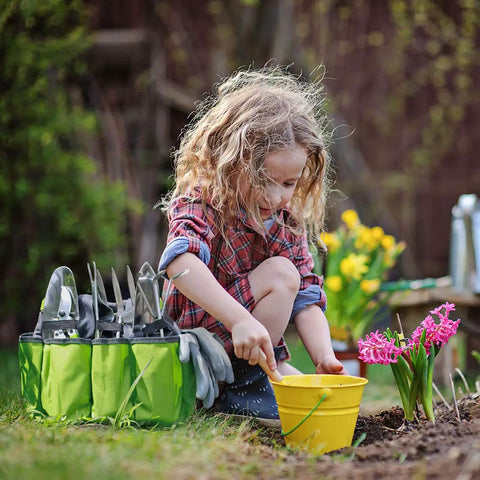 Child gardening with Heavy Duty Garden Tool Bag With 8 Pockets Oxford Gardening Tote Caddy For Tools Not Included Large Capacity 12 By 12 By 6 Inch