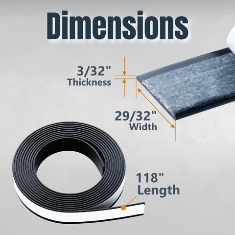 Dimensions of Splinter Guard Replacement Strip for Track Saw Guide Rail 118 Inch Roll shown as 3/32" thickness and 29/32" width.