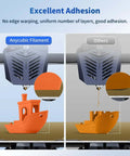 Comparison of orange PLA 3D prints; Anycubic filament on left shows smoother finish, and others on right show visible warping; Excellent adhesion.