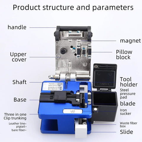 Precision Optical Fiber Cleaver FC-6S With Built-In Shred Collector For 250um To 900um Coating showing product structure and features.