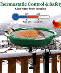 Built Different 100W Heated Bird Bath For Deck Railing With Smart Thermostat, showing birds drinking and heater details.