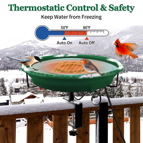 Built Different 100W Heated Bird Bath For Deck Railing With Smart Thermostat, showing birds drinking and heater details.
