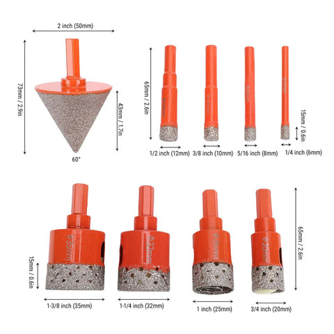 Awesome Versatile Eight Piece Hole Saw Kit For Tile And Granite With Chamfering Drill Bit Perfect For Ceramic Marble Glass Masonry Bricks Plus Precise Big 50 Millimeter Hole Opener Tool Set, 50mm cone bit and 6-35mm drill bits