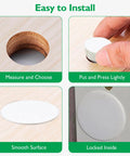 Steps to install 1-1/2 Inch Plastic Hole Plugs Flush Snap-In Round Hole Covers for cabinets and furniture, showing easy installation process