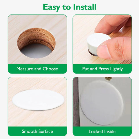 Steps to install 1-1/2 Inch Plastic Hole Plugs Flush Snap-In Round Hole Covers for cabinets and furniture, showing easy installation process