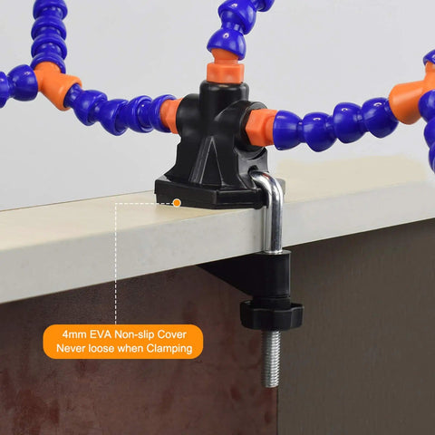 Helping Hand Soldering Setup With Flexible 360 Degree Stainless Steel Arms clamped on table edge close-up