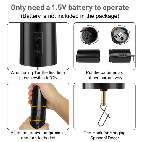 Dope Battery Operated Wind Spinner Motor With Free Stainless Steel Swivel Hook For Outdoor Garden Decor Black Disco Ball Hanging Display Compact 5.5 Inch Length Easy Hang And Spin Battery Not Included, black cylinder with hook
