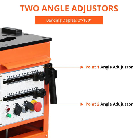 1600W Electric Rebar Bender And Cutter Two In One Steel Bar Tool With Foot Pedal, showing angle adjustors for 0-180° bends.