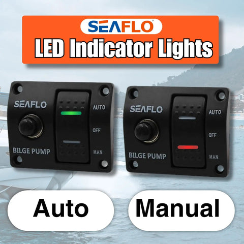 3 Way Bilge Pump Switch Panel For Boats Automatic Off Manual 12V 24V Marine Switch With Built In 15 Amp Circuit Breaker Float Switch Plug And Play Ready Durable Marine Electrical Control Panel, auto and manual views