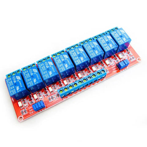 Eight Channel 5V Relay Module With Opto Isolated Architecture And SMD Optocoupler Isolation Supports High And Low Level Trigger Hobbyist Friendly Project Ready Compatible With Arduino Raspberry Pi And Other DIY Projects, red PCB board