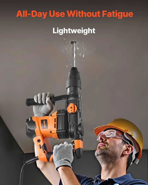 Worker using Beefy SDS-Max Rotary Hammer Drill with 1-9/16 Inch Capacity, 13 Amp Corded Demolition Power, on concrete ceiling