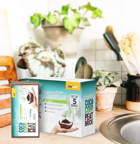 High Expansion Coco Coir Bricks 5 Pack 650g each peat free coconut coir low EC and pH balanced on kitchen counter