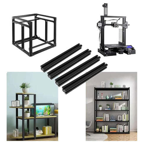 Collage of 4Pack 4040 T Slot Aluminum Extrusion 600mm Black 40x40 for DIY 3D printer builds, CNC projects, and modular shelving.