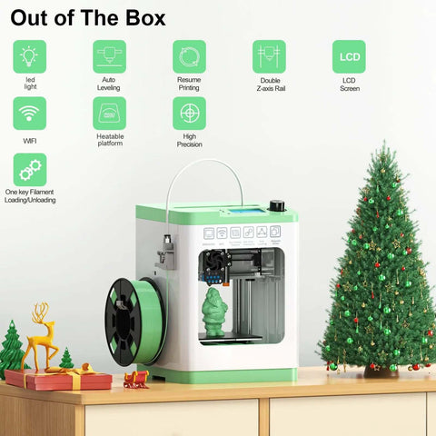 Tina2S 3D Printer With WiFi Cloud Printing, fully assembled, auto-leveling on a desk, decorated with a mini Christmas tree.