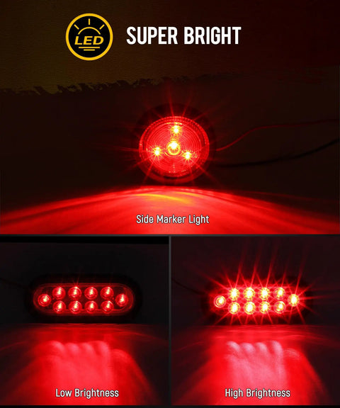 Heavy Duty Steel Trailer Light Box Kit DOT Approved 6 Inch Oval Red Tail Lights 10 LED, 2 Inch Red Round Side Marker Lights, Waterproof