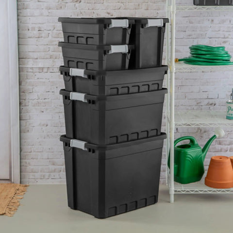 Stacked Six-Pack 19 Gallon Stackable Totes For Home Organization, Rugged Black Plastic Storage Bins With Recessed Lids And Heavy-Duty Latches